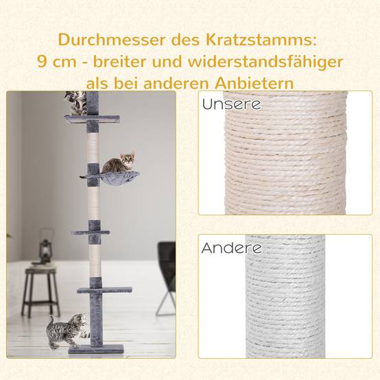 Arbre à chat PawHut jusqu'au plafond, 230-260 cm, poteaux sisal et plateformes, gris - Image 10