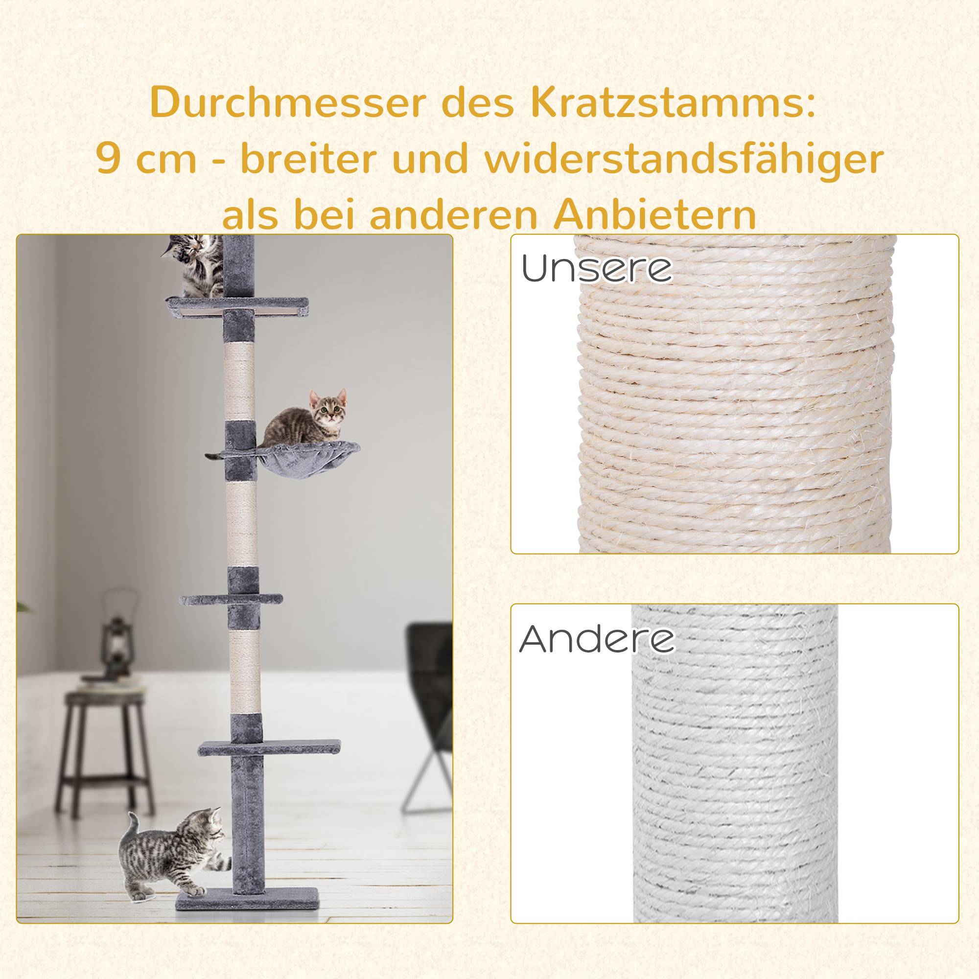 Arbre à chat PawHut jusqu'au plafond, 230-260 cm, poteaux sisal et plateformes, gris - Image 10