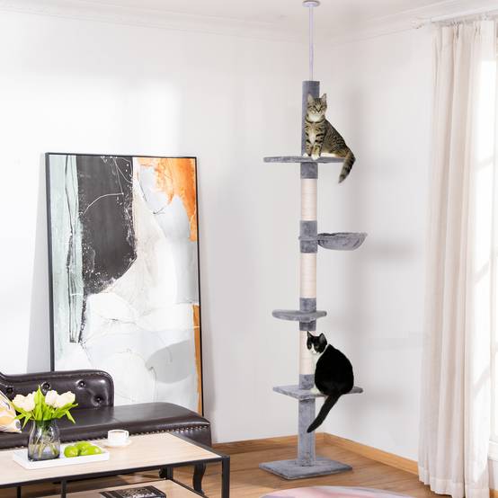 Arbre à chat PawHut jusqu'au plafond, 230-260 cm, poteaux sisal et plateformes, gris - Image 3