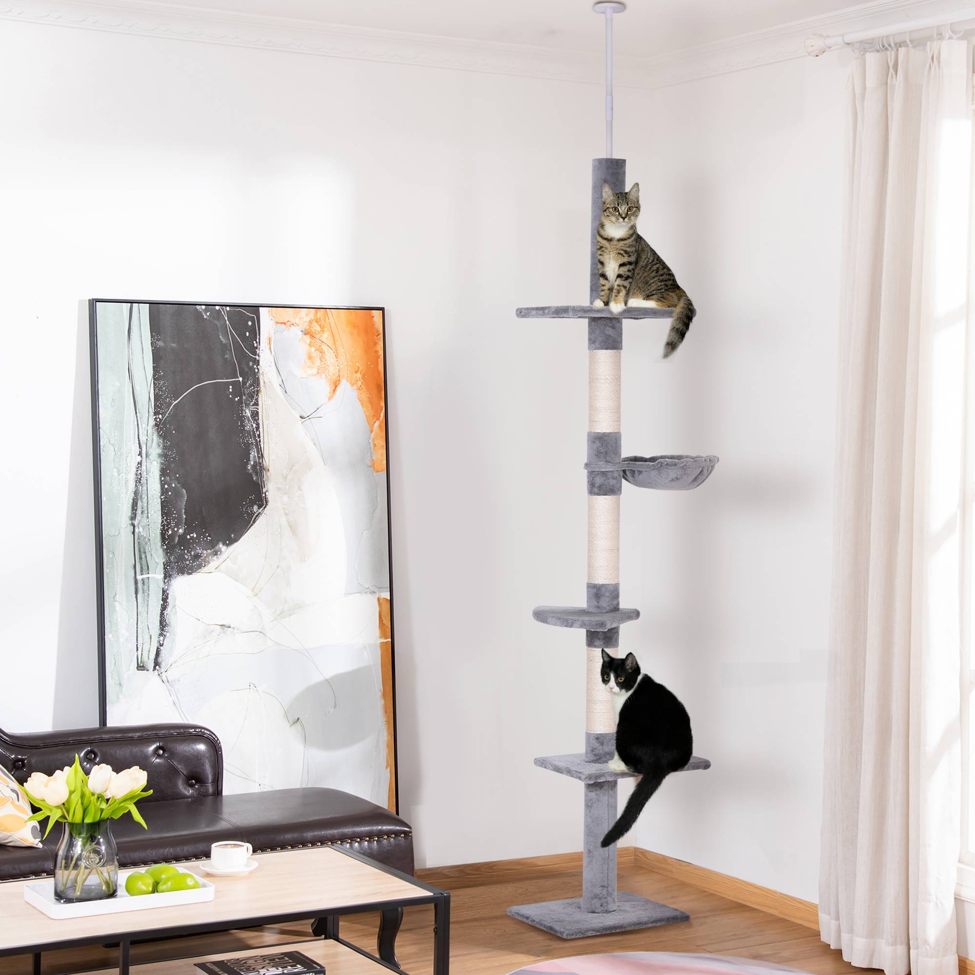 Arbre à chat PawHut jusqu'au plafond, 230-260 cm, poteaux sisal et plateformes, gris - Image 3