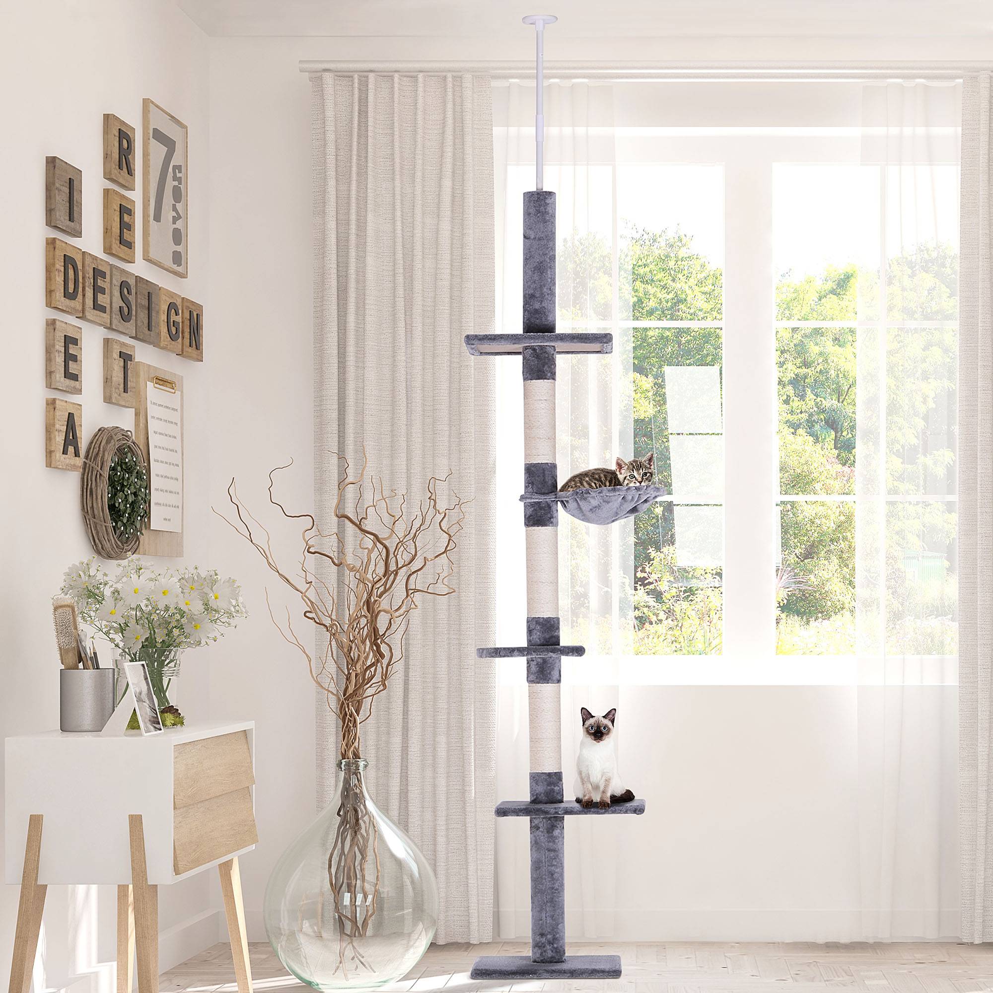 Arbre à chat PawHut jusqu'au plafond, 230-260 cm, poteaux sisal et plateformes, gris - Image 4