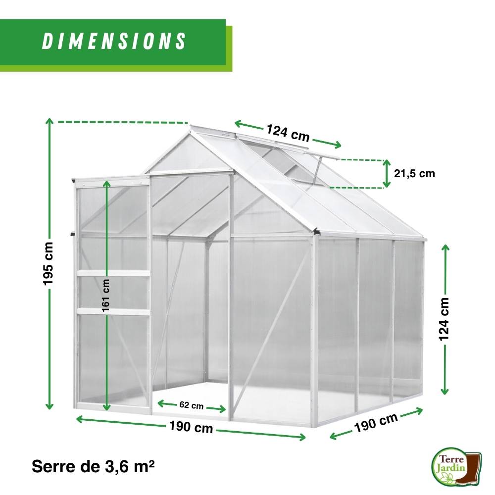 Serre de Jardin en Aluminium  - 3,6 M² - Parois en polycarbonate - TERRE JARDIN - Image 3