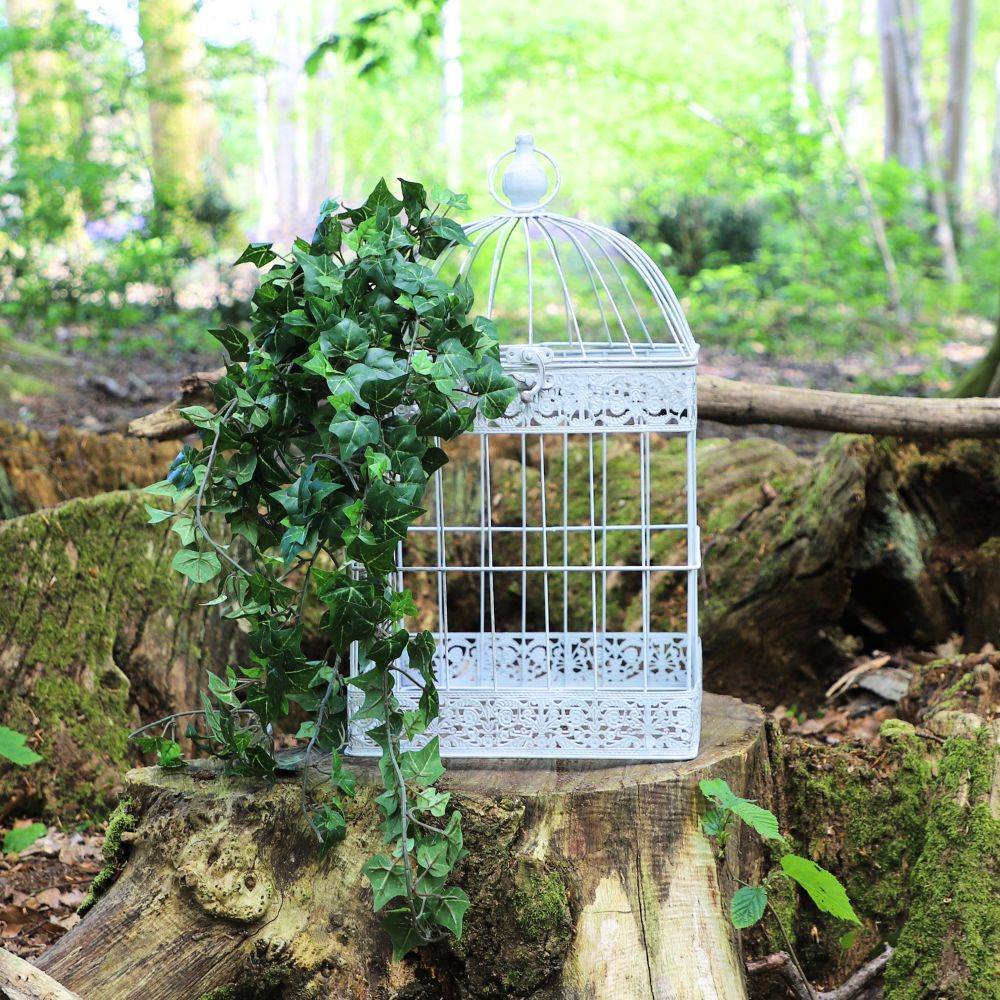 Cage à oiseaux décorative ancienne métal blanc 29x29x54cm Chemin de campagne - Imagen 2
