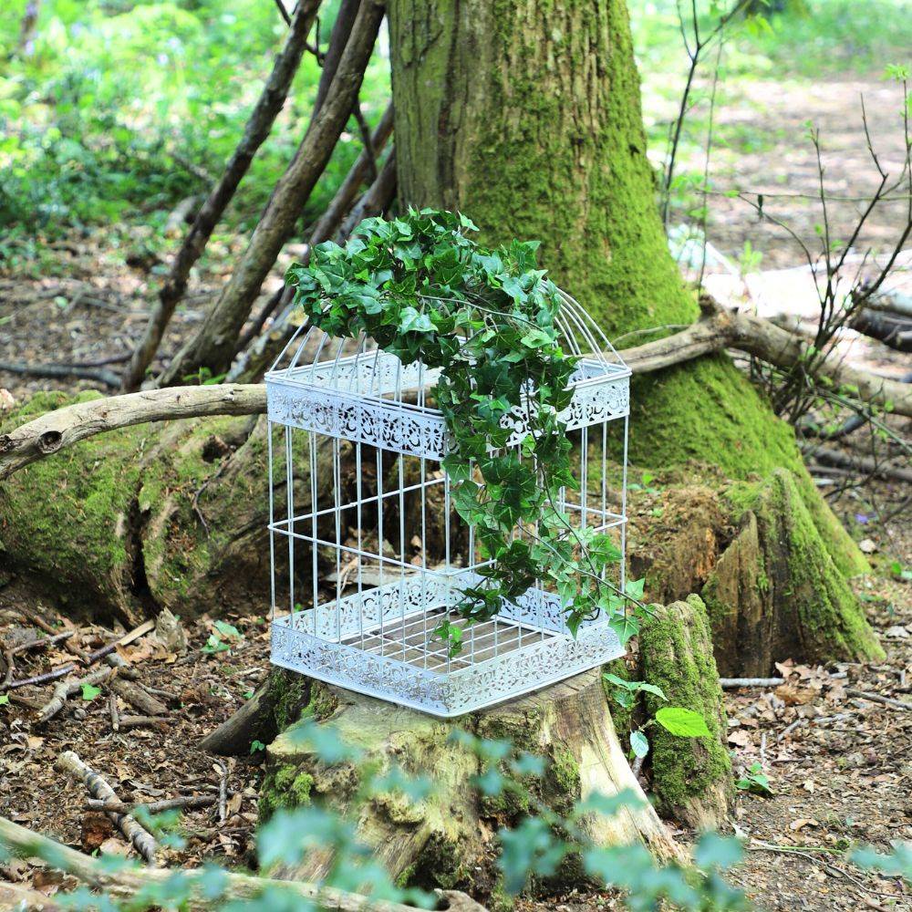 Cage à oiseaux décorative ancienne métal blanc 29x29x54cm Chemin de campagne - Imagen 3