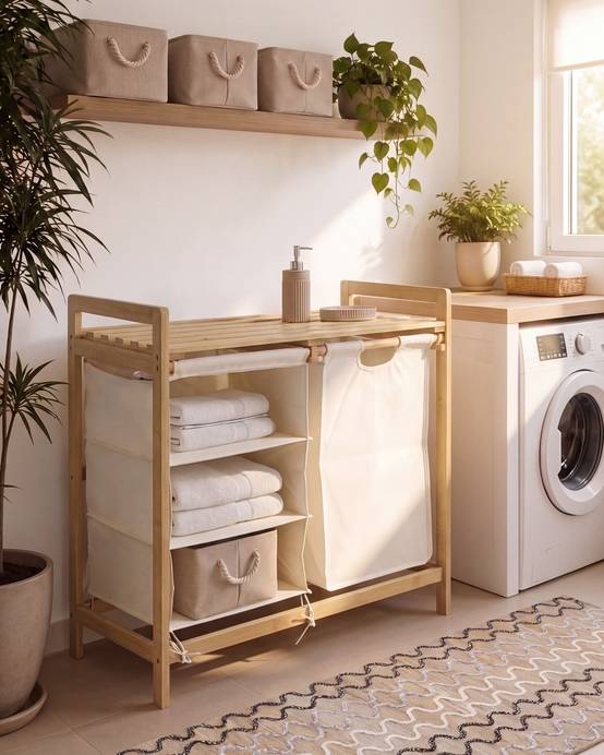 Beliani - Paniers à linge Tissu Marron clair/blanc TOROTAL - 94x33x78- Beliani - Image 1