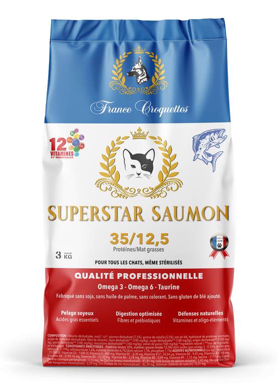 croquette pour chat adulte super star saumon – 3kg – chat adulte digestion – france croquettes - Image 1