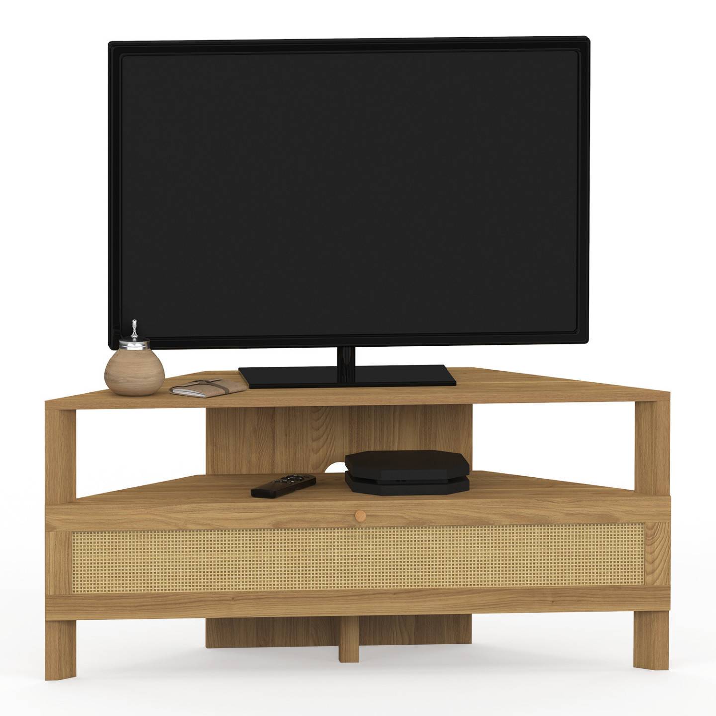 Meuble TV 100 cm d'angle HANAE 1 porte effet naturel cannage - Image 2