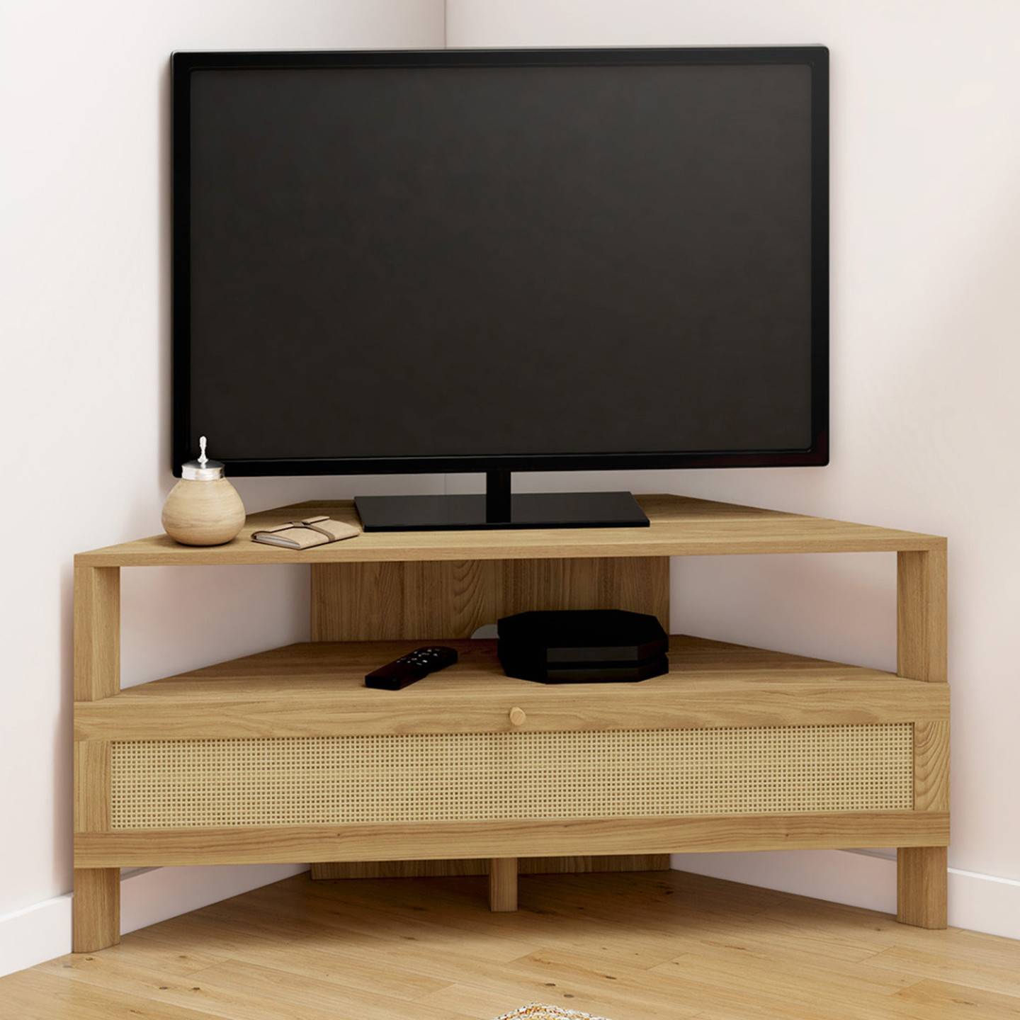 Meuble TV 100 cm d'angle HANAE 1 porte effet naturel cannage - Image 1