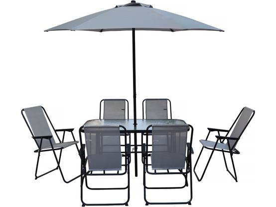 Table Et Chaises De Jardin Avec Parasol En Métal "convivia" - 6 Places - Gris Clair -habitat Et Jardin - Image 1