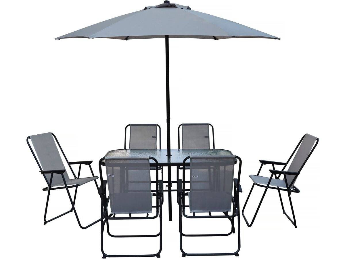 Table Et Chaises De Jardin Avec Parasol En Métal "convivia" - 6 Places - Gris Clair -habitat Et Jardin