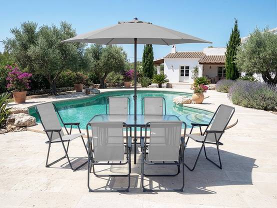 Table Et Chaises De Jardin Avec Parasol En Métal "convivia" - 6 Places - Gris Clair -habitat Et Jardin - Image 2