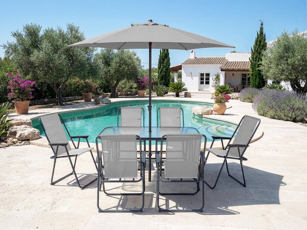 Table Et Chaises De Jardin Avec Parasol En Métal "convivia" - 6 Places - Gris Clair -habitat Et Jardin - Image 2