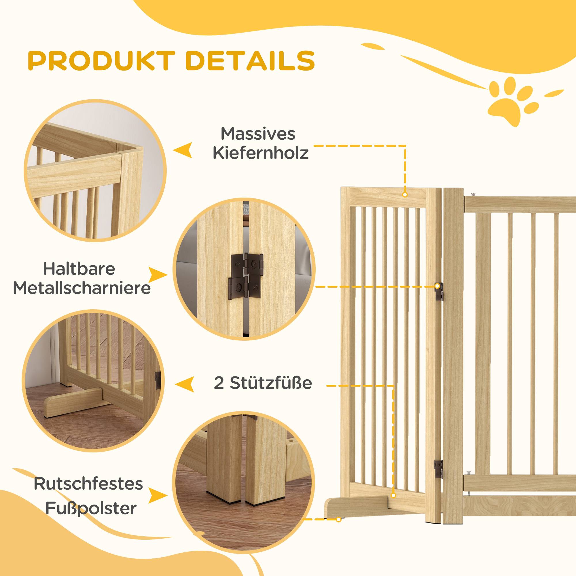 Barrière pour chien, autoportante, pliable, porte et pieds, cadre bois, 220x36x91 cm - Image 8