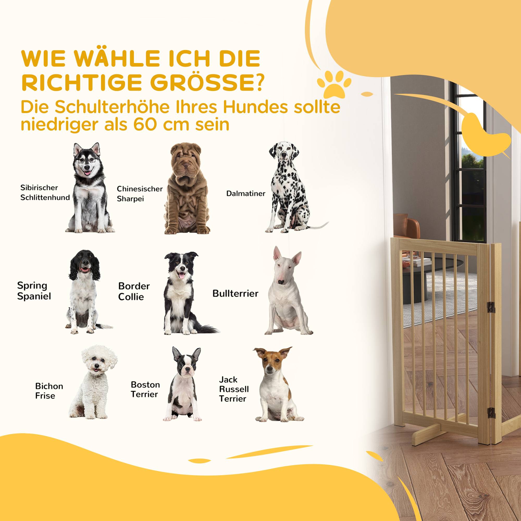 Barrière pour chien, autoportante, pliable, porte et pieds, cadre bois, 220x36x91 cm - Image 10