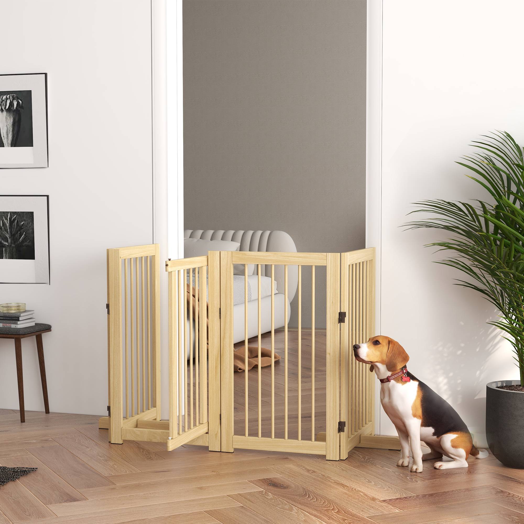 Barrière pour chien, autoportante, pliable, porte et pieds, cadre bois, 220x36x91 cm - Image 4