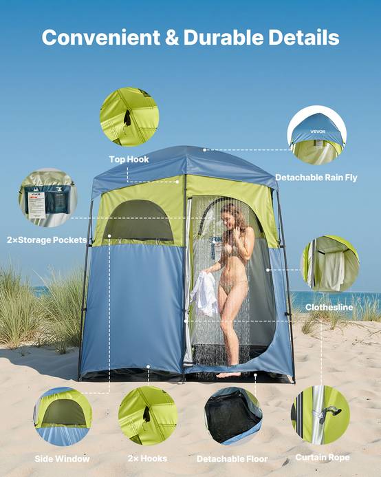 Vevor - VEVOR Tente de douche portable 2 personnes, 2 compartiments, tissu Oxford 150D, UPF 50, PU2000 mm, sac de douche et accessoires inclus. - Image 4
