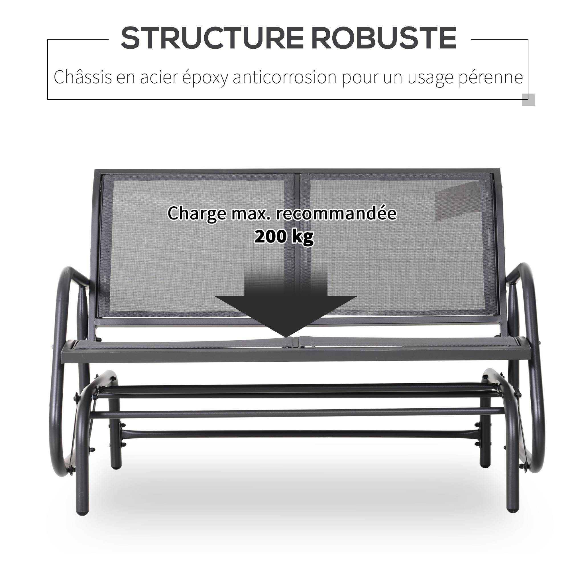 Outsunny - Banc à bascule de jardin 2 places design contemporain grand confort accoudoirs assise, dossier ergonomique acier textilène gris - Outsunny - Imagen 6