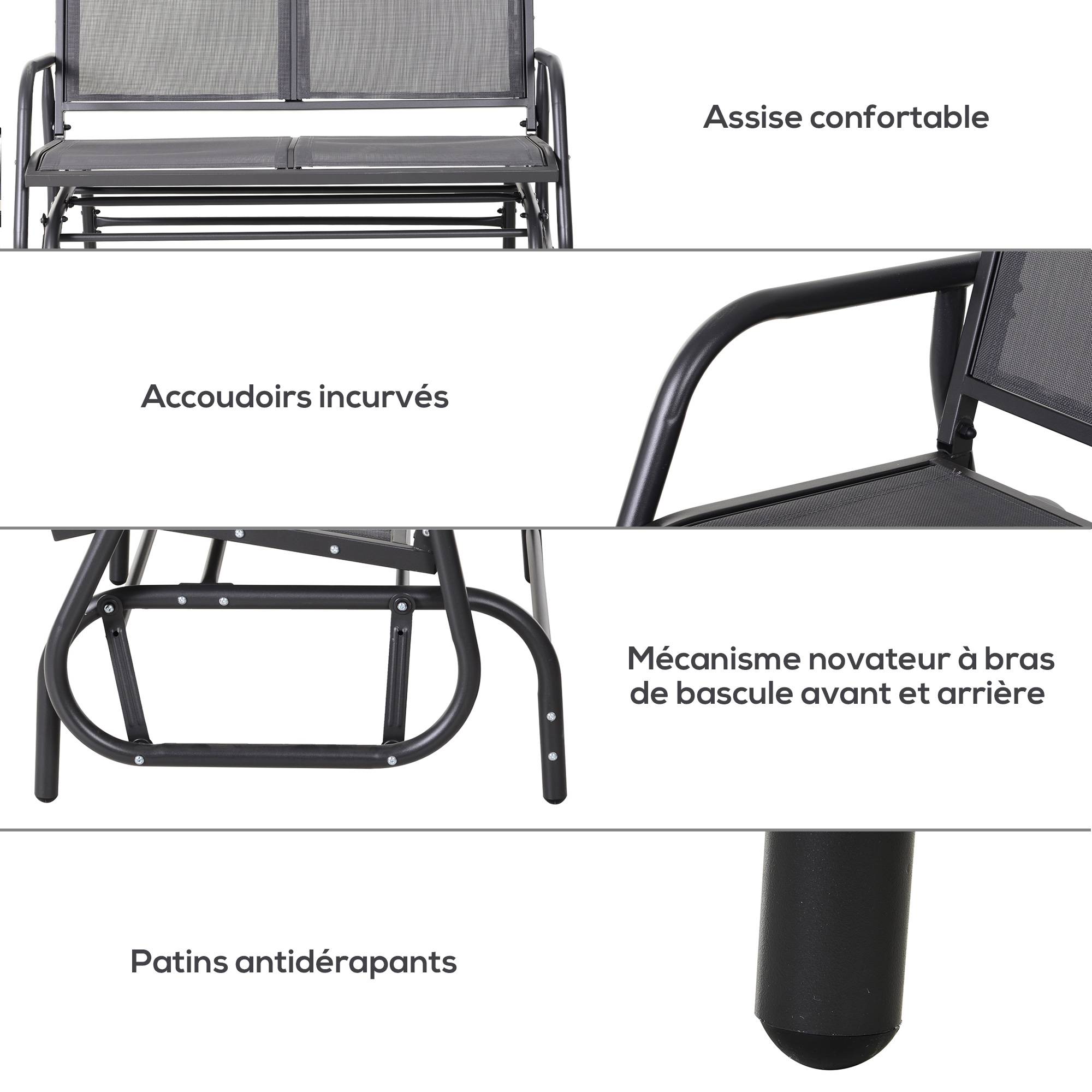 Outsunny - Banc à bascule de jardin 2 places design contemporain grand confort accoudoirs assise, dossier ergonomique acier textilène gris - Outsunny - Imagen 7