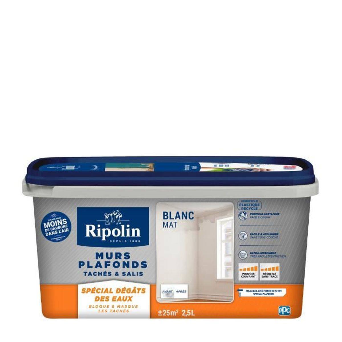 Ripolin - Peinture plafond blanc mat anti-taches, anti-humidité, 2,5 L - RIPOLIN