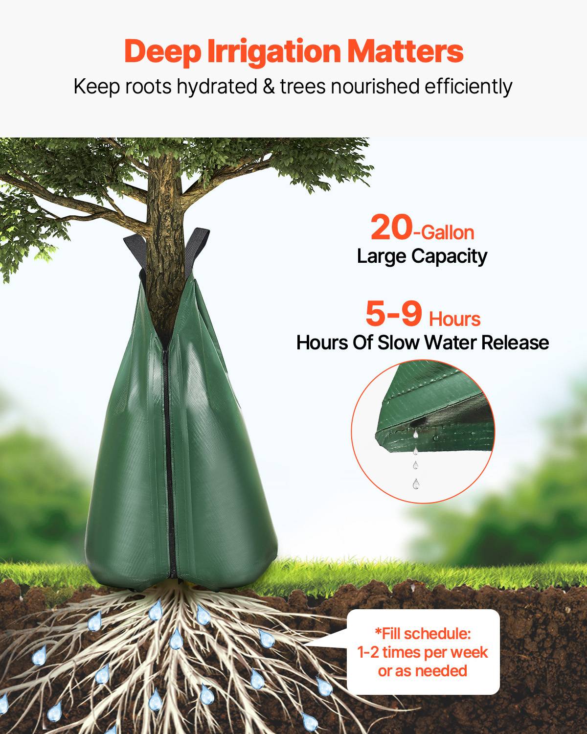 VEVOR Sac arrosage arbres 3pcs, 75.7L, goutte à goutte, fermeture. - Image 2