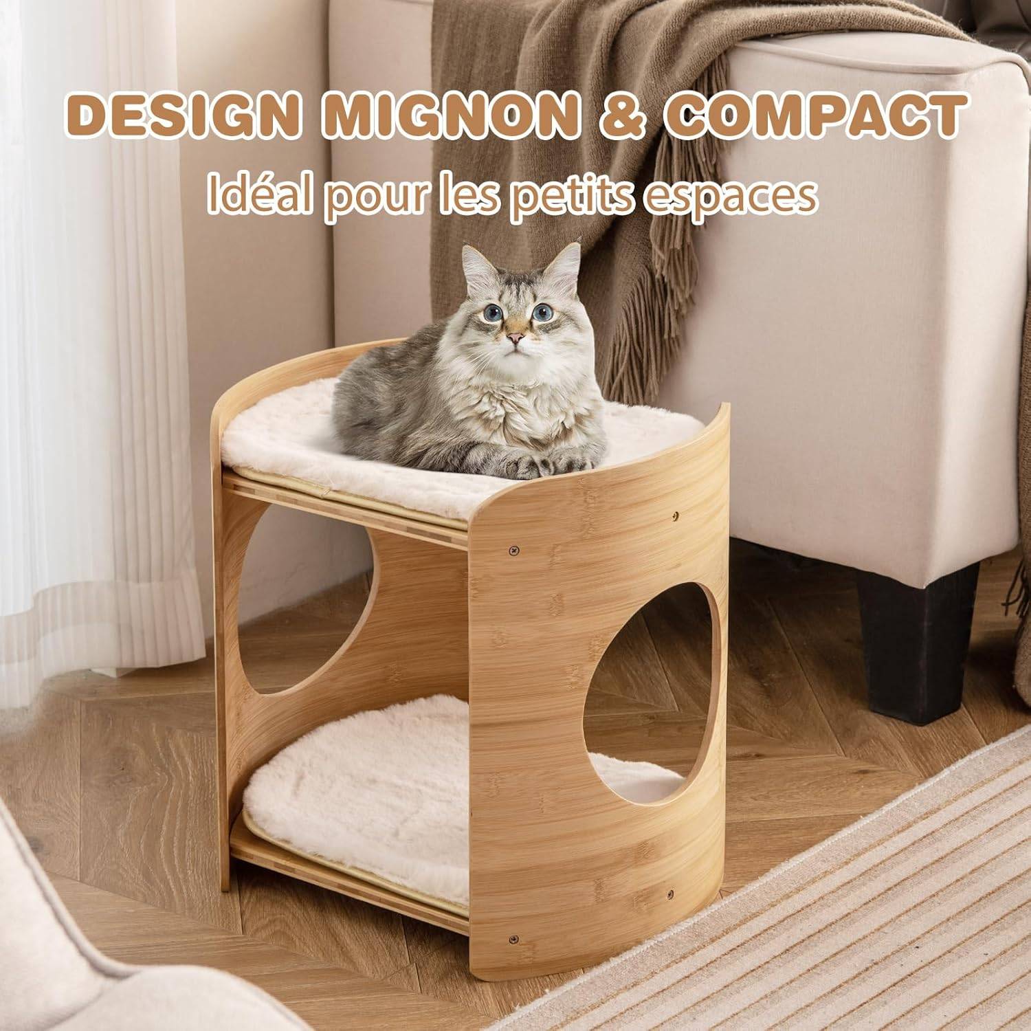 COSTWAY Petite Tour pour Chat 2 Niveaux, Petit Arbre à Chat, Cadre en Bambou, Coussins en Peluche Amovibles, Niche Plateforme pour 2 Chats, 40x33x41cm - Image 3