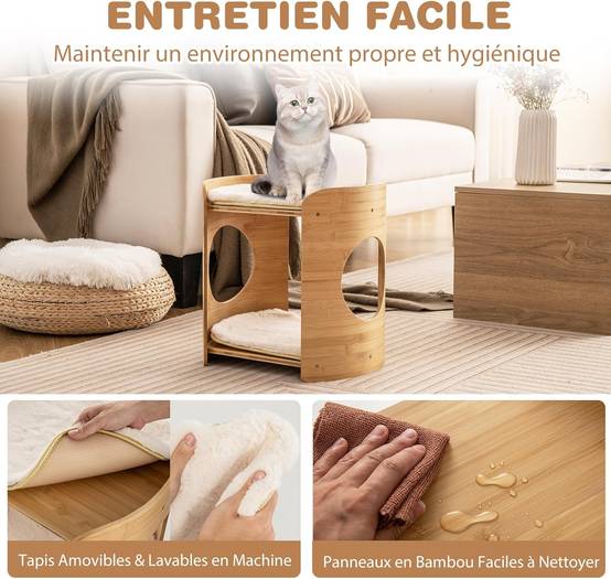 COSTWAY Petite Tour pour Chat 2 Niveaux, Petit Arbre à Chat, Cadre en Bambou, Coussins en Peluche Amovibles, Niche Plateforme pour 2 Chats, 40x33x41cm - Image 7