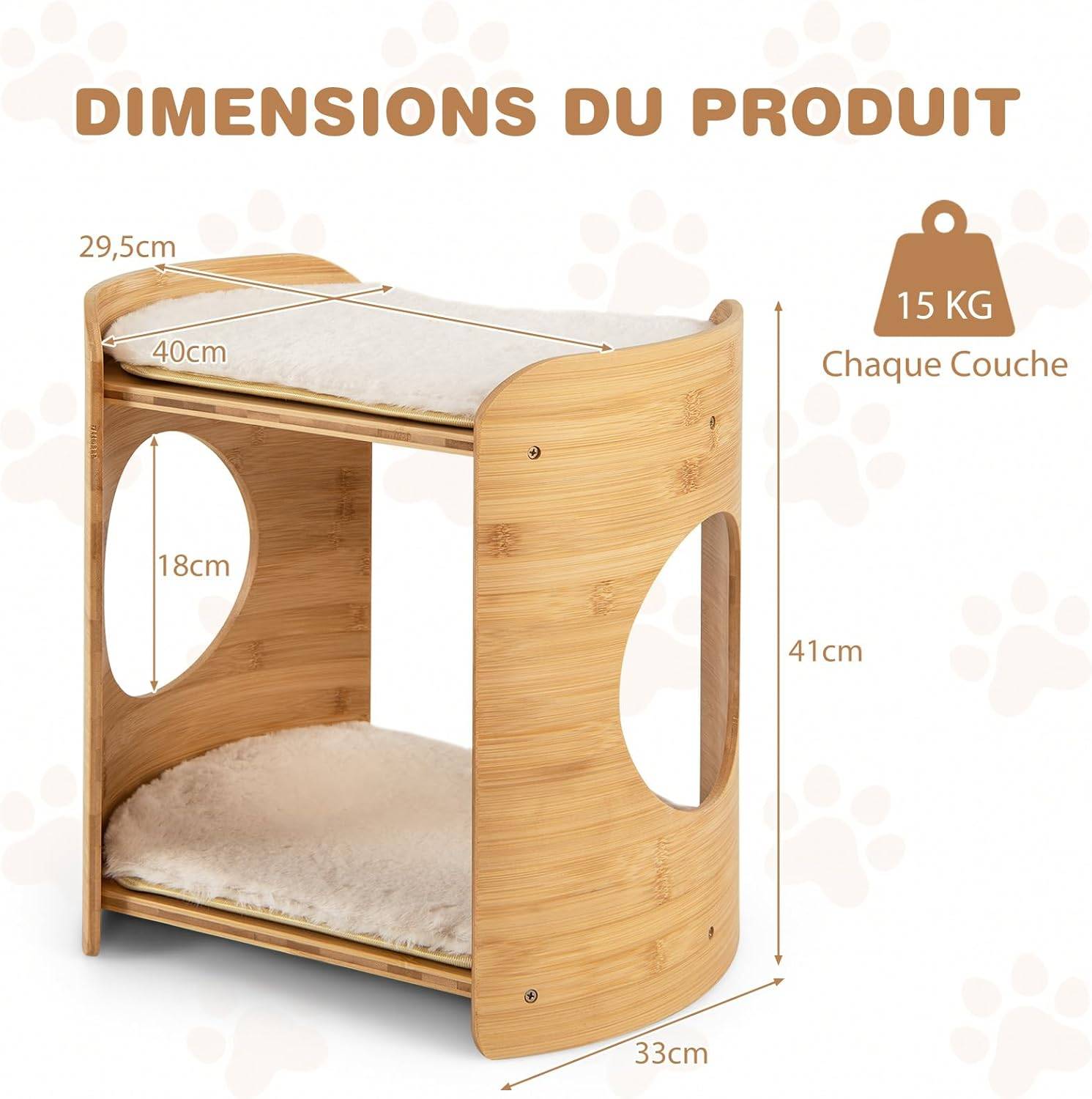 COSTWAY Petite Tour pour Chat 2 Niveaux, Petit Arbre à Chat, Cadre en Bambou, Coussins en Peluche Amovibles, Niche Plateforme pour 2 Chats, 40x33x41cm - Image 2