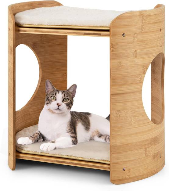 COSTWAY Petite Tour pour Chat 2 Niveaux, Petit Arbre à Chat, Cadre en Bambou, Coussins en Peluche Amovibles, Niche Plateforme pour 2 Chats, 40x33x41cm - Image 1