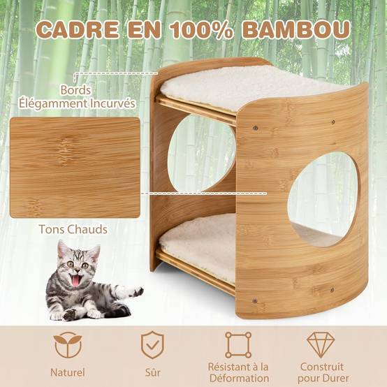 COSTWAY Petite Tour pour Chat 2 Niveaux, Petit Arbre à Chat, Cadre en Bambou, Coussins en Peluche Amovibles, Niche Plateforme pour 2 Chats, 40x33x41cm - Image 5