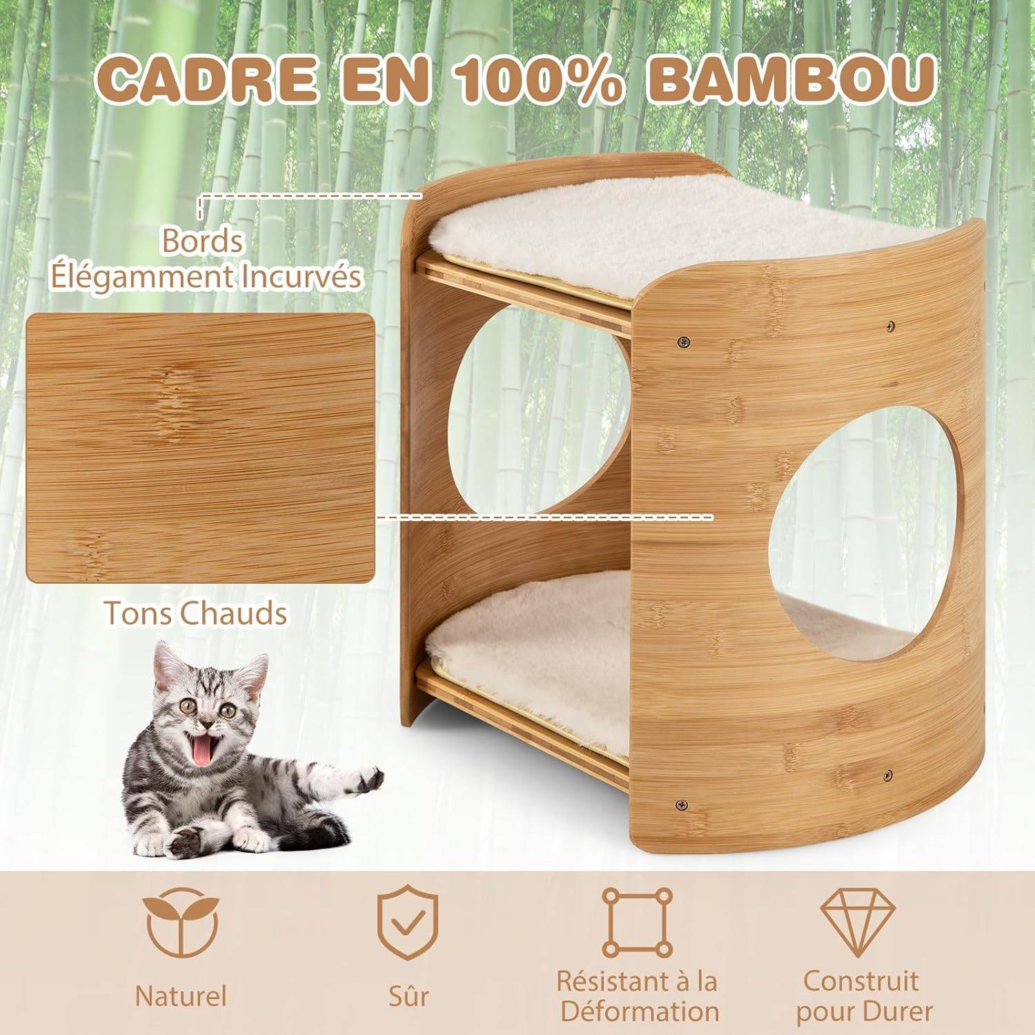 COSTWAY Petite Tour pour Chat 2 Niveaux, Petit Arbre à Chat, Cadre en Bambou, Coussins en Peluche Amovibles, Niche Plateforme pour 2 Chats, 40x33x41cm - Image 5