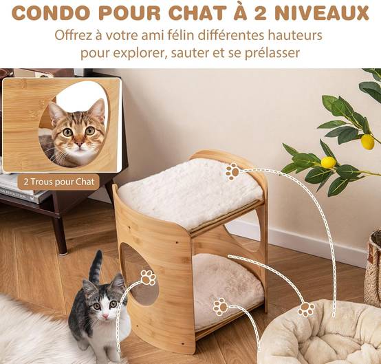 COSTWAY Petite Tour pour Chat 2 Niveaux, Petit Arbre à Chat, Cadre en Bambou, Coussins en Peluche Amovibles, Niche Plateforme pour 2 Chats, 40x33x41cm - Image 4