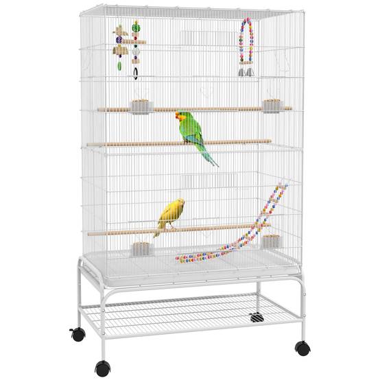 Volière cage oiseaux métal sur roulettes étagère accessoires 79x49x133cm blanc - ComfortXL Outdoor Living - Image 1