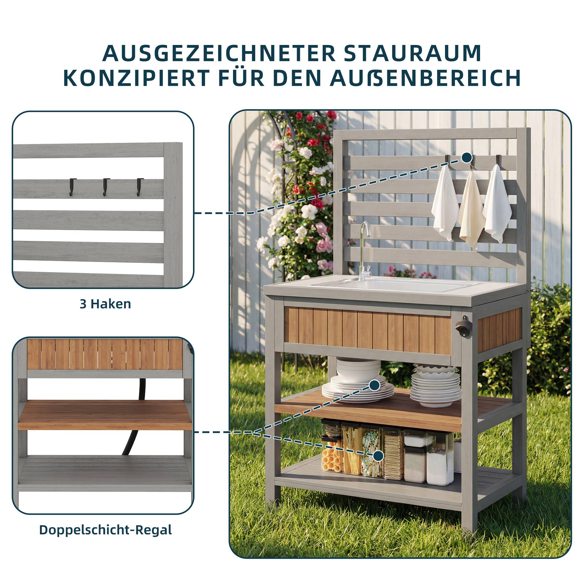 ComfortXL - Desserte de jardin bois massif pour barbecue avec évier intégré 80x51x148.5cm - ComfortXL Outdoor Living - Image 4