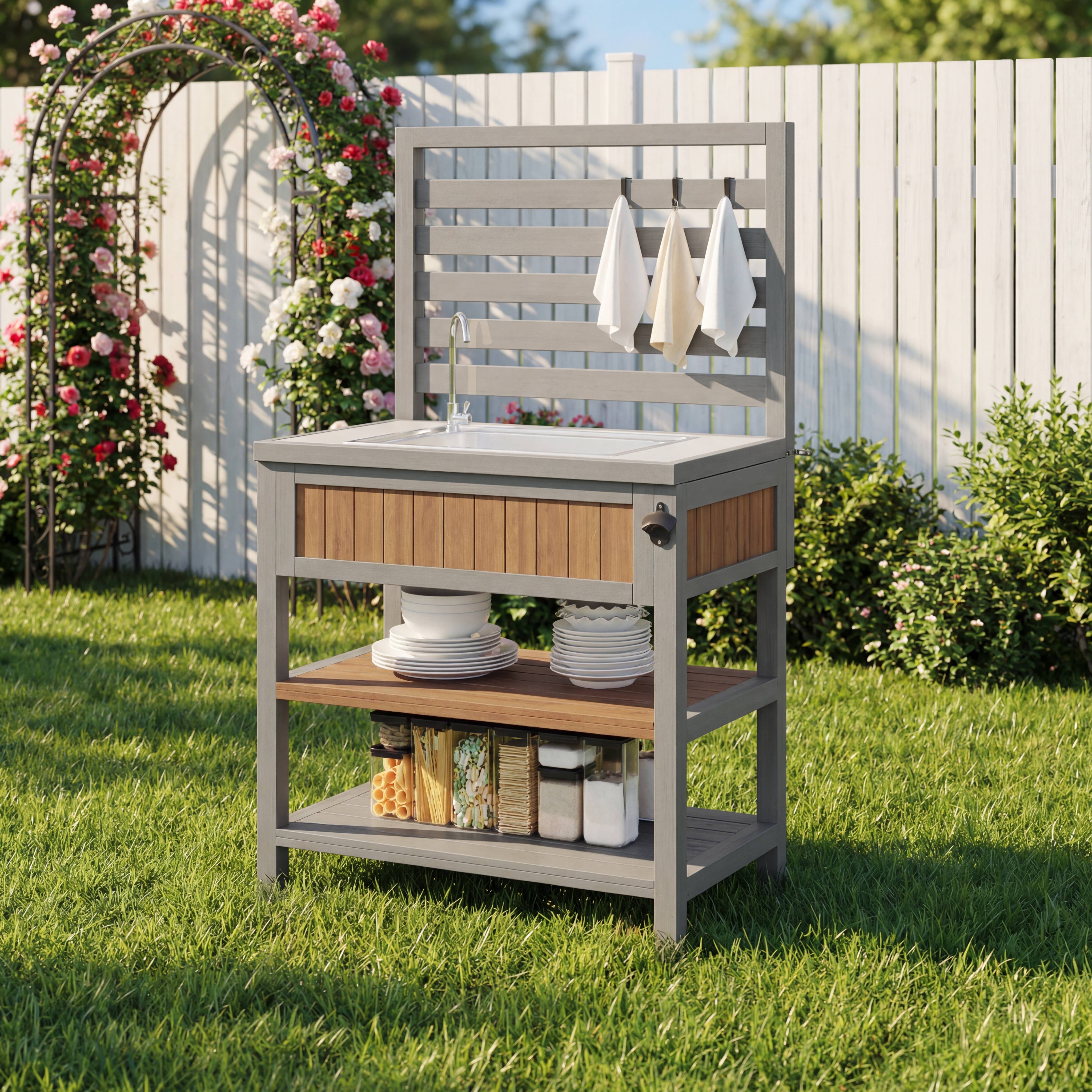 ComfortXL - Desserte de jardin bois massif pour barbecue avec évier intégré 80x51x148.5cm - ComfortXL Outdoor Living - Image 1