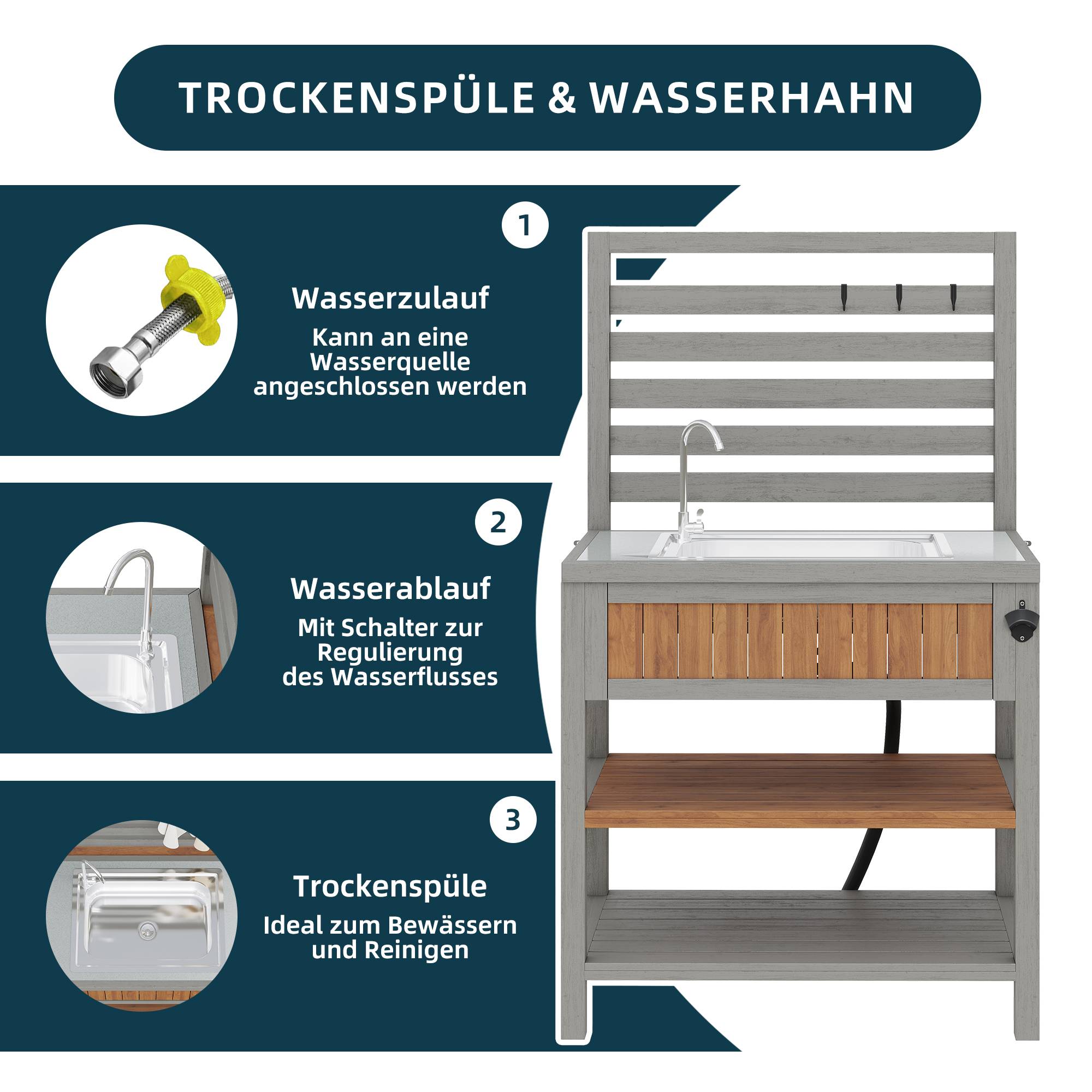 ComfortXL - Desserte de jardin bois massif pour barbecue avec évier intégré 80x51x148.5cm - ComfortXL Outdoor Living - Image 5
