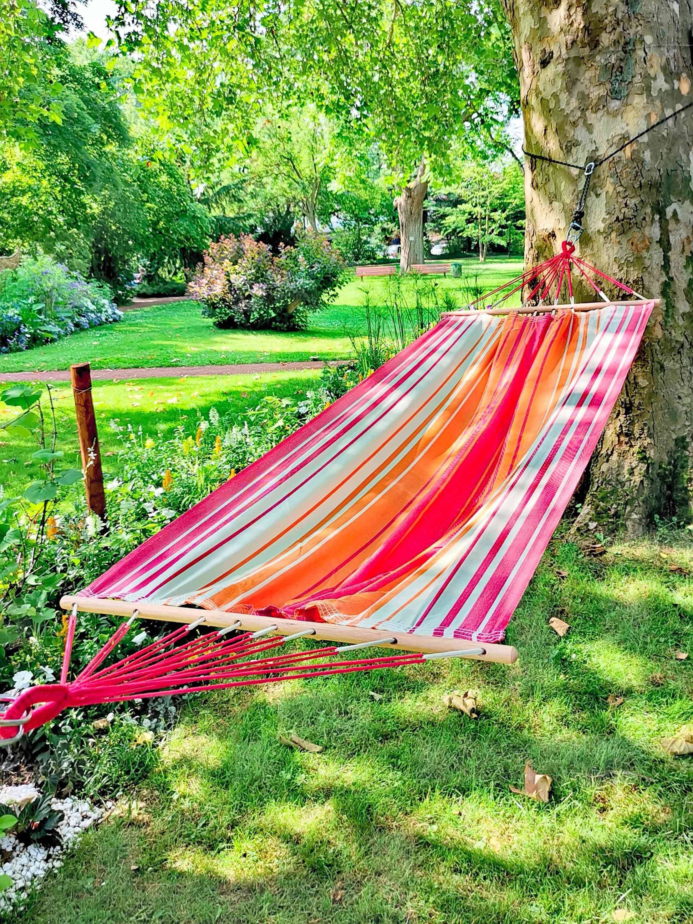 Jobek - Hamac KOLOR 300x100 cm en Polypropylène Orange Écru Rouge certifié FSC 100% JOBEK - Imagen 2