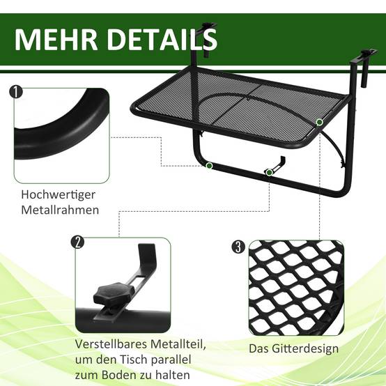 Table suspendue de balcon réglable en hauteur 60x56,5x45cm, métal noir, idéale pour balcon et terrasse - Image 6