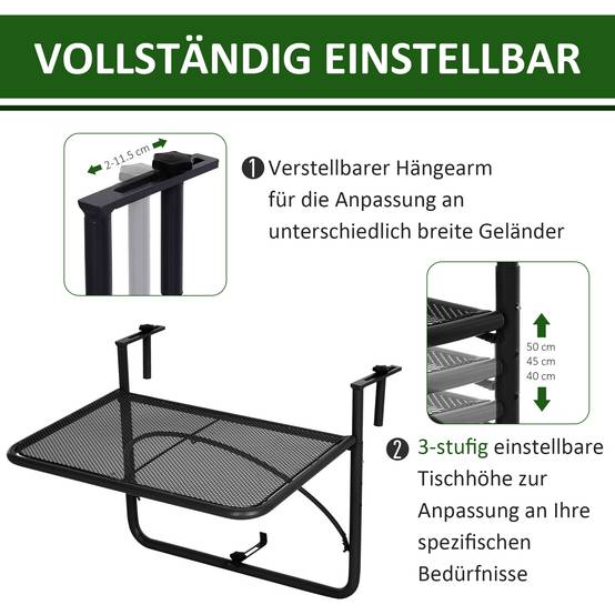 Table suspendue de balcon réglable en hauteur 60x56,5x45cm, métal noir, idéale pour balcon et terrasse - Image 4