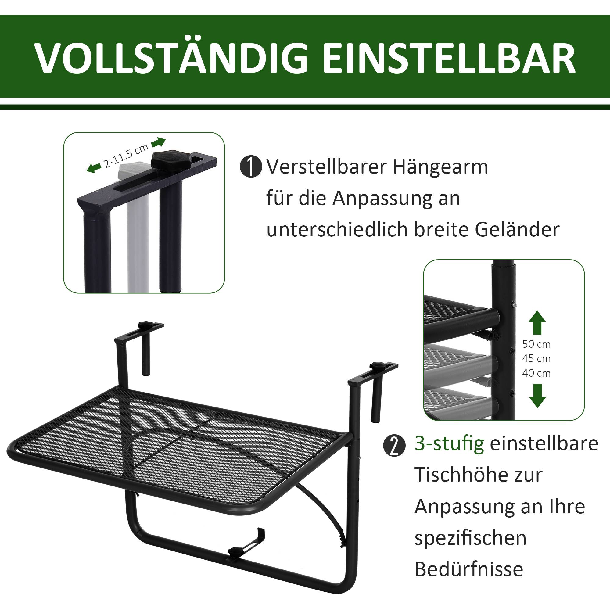 Table suspendue de balcon réglable en hauteur 60x56,5x45cm, métal noir, idéale pour balcon et terrasse - Image 4