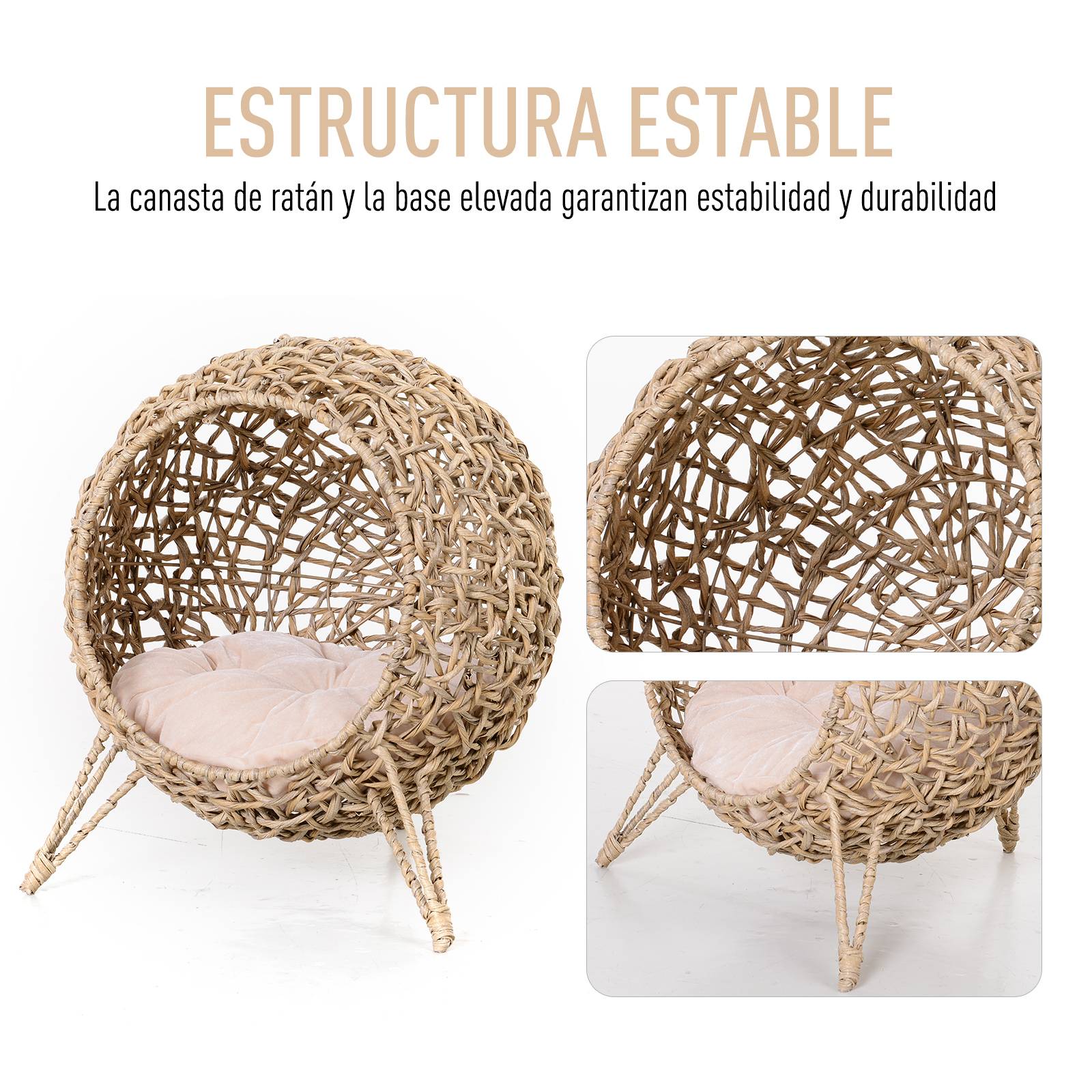 Lit Grotte Rotin pour Chat ou Petits Animaux avec Base Tr茅pied, Coussin Peluche et Coton, Sur茅lev茅 Stable, 桅52 x 58 cm, Naturel - Image 7