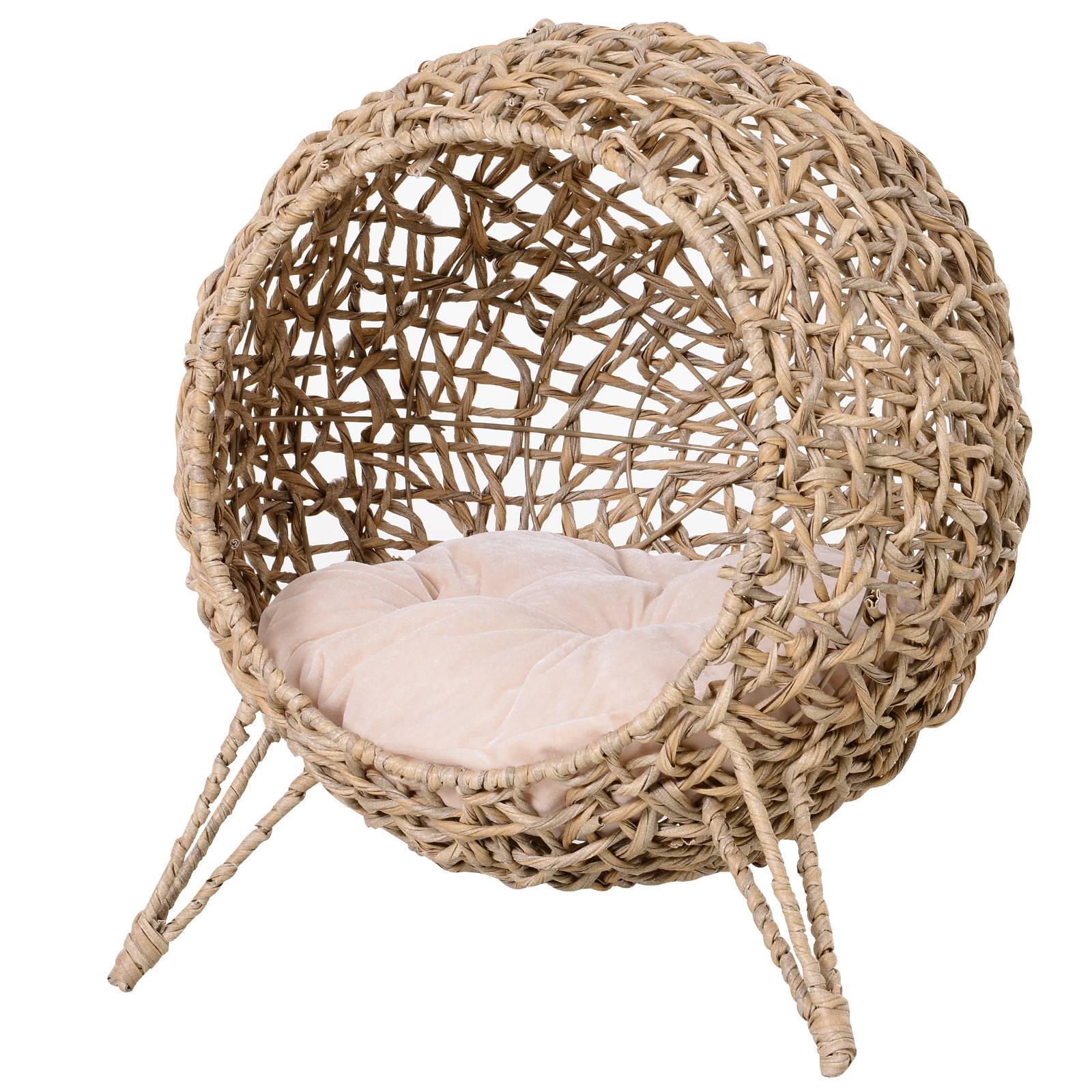 Lit Grotte Rotin pour Chat ou Petits Animaux avec Base Tr茅pied, Coussin Peluche et Coton, Sur茅lev茅 Stable, 桅52 x 58 cm, Naturel - Image 2