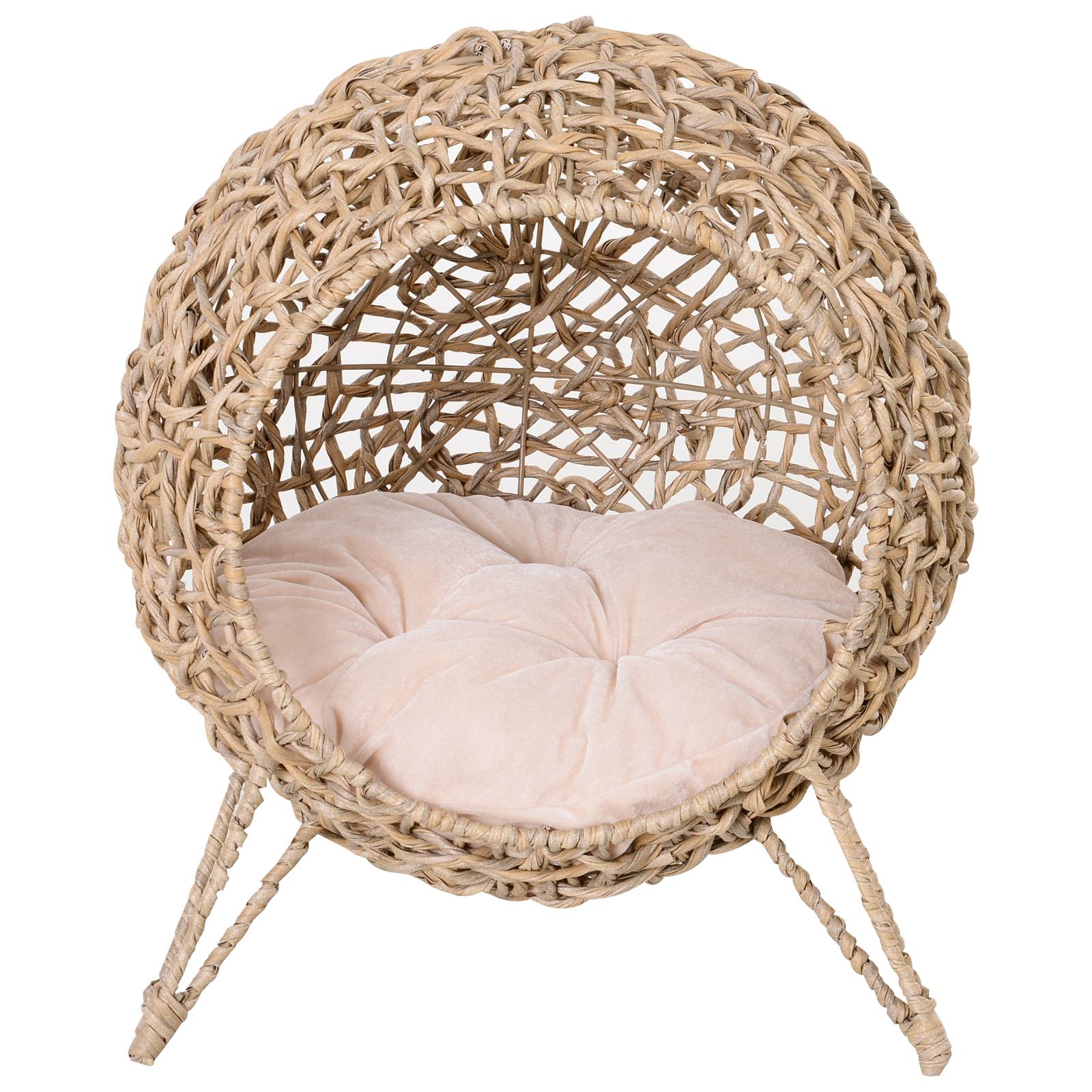 Lit Grotte Rotin pour Chat ou Petits Animaux avec Base Tr茅pied, Coussin Peluche et Coton, Sur茅lev茅 Stable, 桅52 x 58 cm, Naturel - Image 9