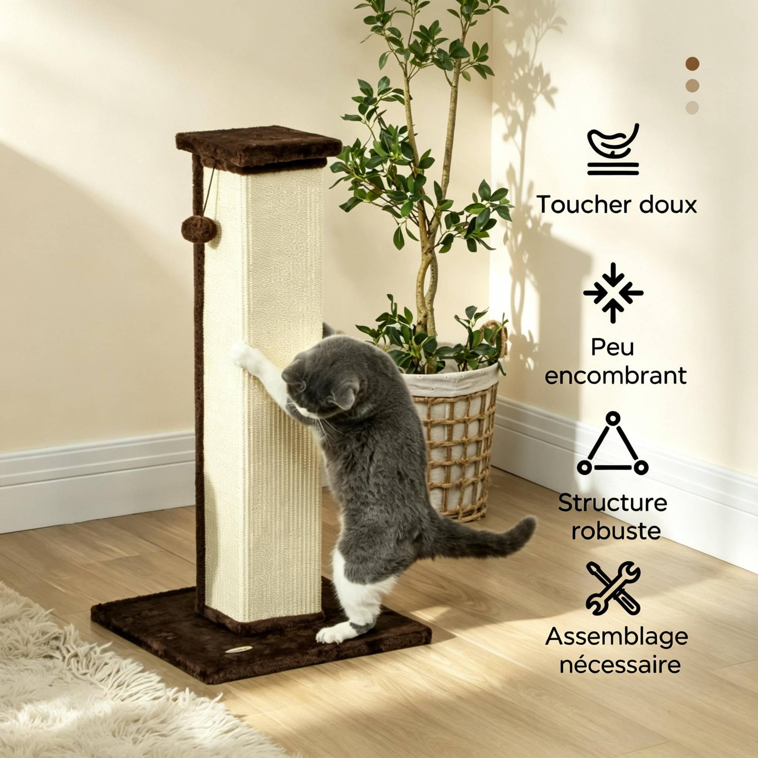 Arbre à chat, poteau à griffer sisal et peluche avec balle de jeu suspendue, base stable, dimensions 41x41x81cm, couleur marron et crème - Image 4