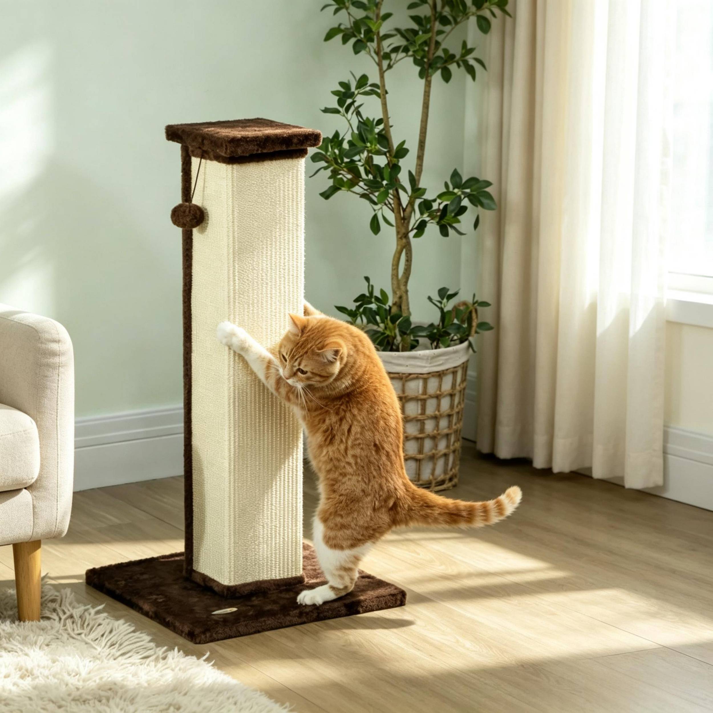 Arbre à chat, poteau à griffer sisal et peluche avec balle de jeu suspendue, base stable, dimensions 41x41x81cm, couleur marron et crème - Image 2