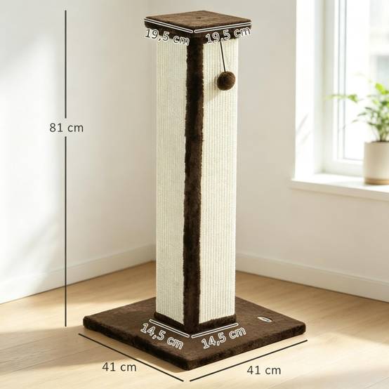 Arbre à chat, poteau à griffer sisal et peluche avec balle de jeu suspendue, base stable, dimensions 41x41x81cm, couleur marron et crème - Image 6
