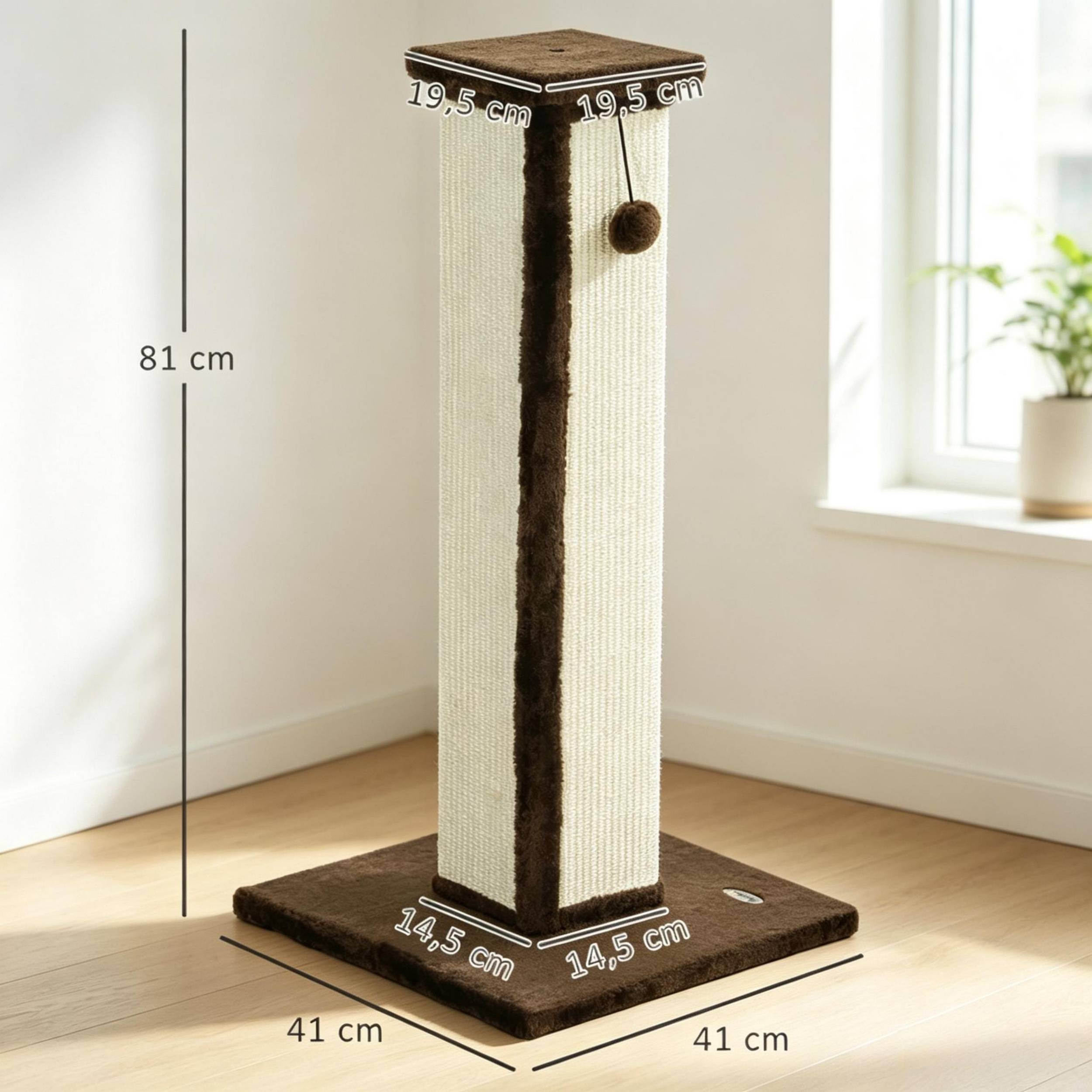 Arbre à chat, poteau à griffer sisal et peluche avec balle de jeu suspendue, base stable, dimensions 41x41x81cm, couleur marron et crème - Image 6