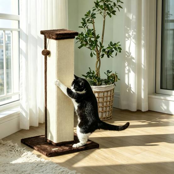 Arbre à chat, poteau à griffer sisal et peluche avec balle de jeu suspendue, base stable, dimensions 41x41x81cm, couleur marron et crème - Image 7