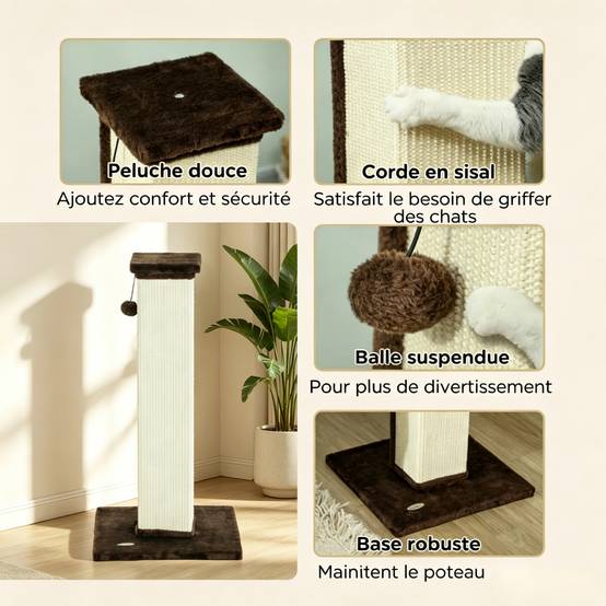 Arbre à chat, poteau à griffer sisal et peluche avec balle de jeu suspendue, base stable, dimensions 41x41x81cm, couleur marron et crème - Image 5