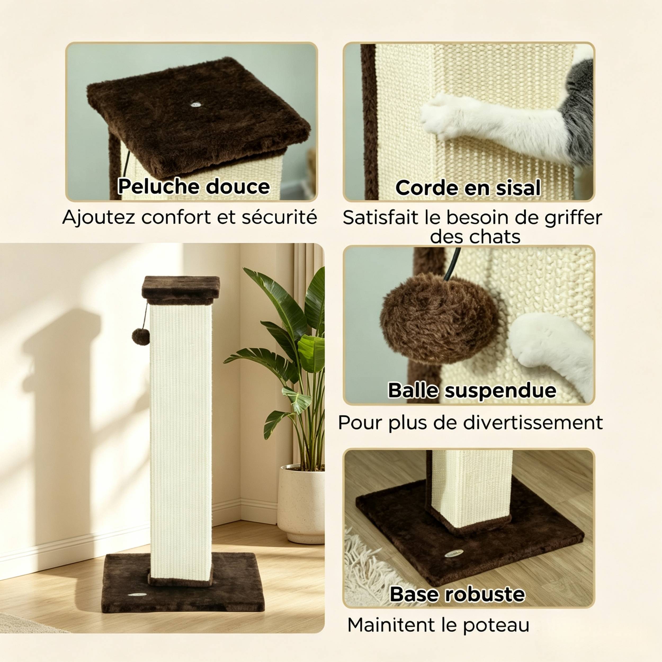 Arbre à chat, poteau à griffer sisal et peluche avec balle de jeu suspendue, base stable, dimensions 41x41x81cm, couleur marron et crème - Image 5