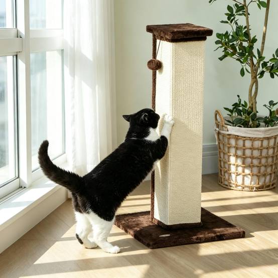 Arbre à chat, poteau à griffer sisal et peluche avec balle de jeu suspendue, base stable, dimensions 41x41x81cm, couleur marron et crème - Image 1